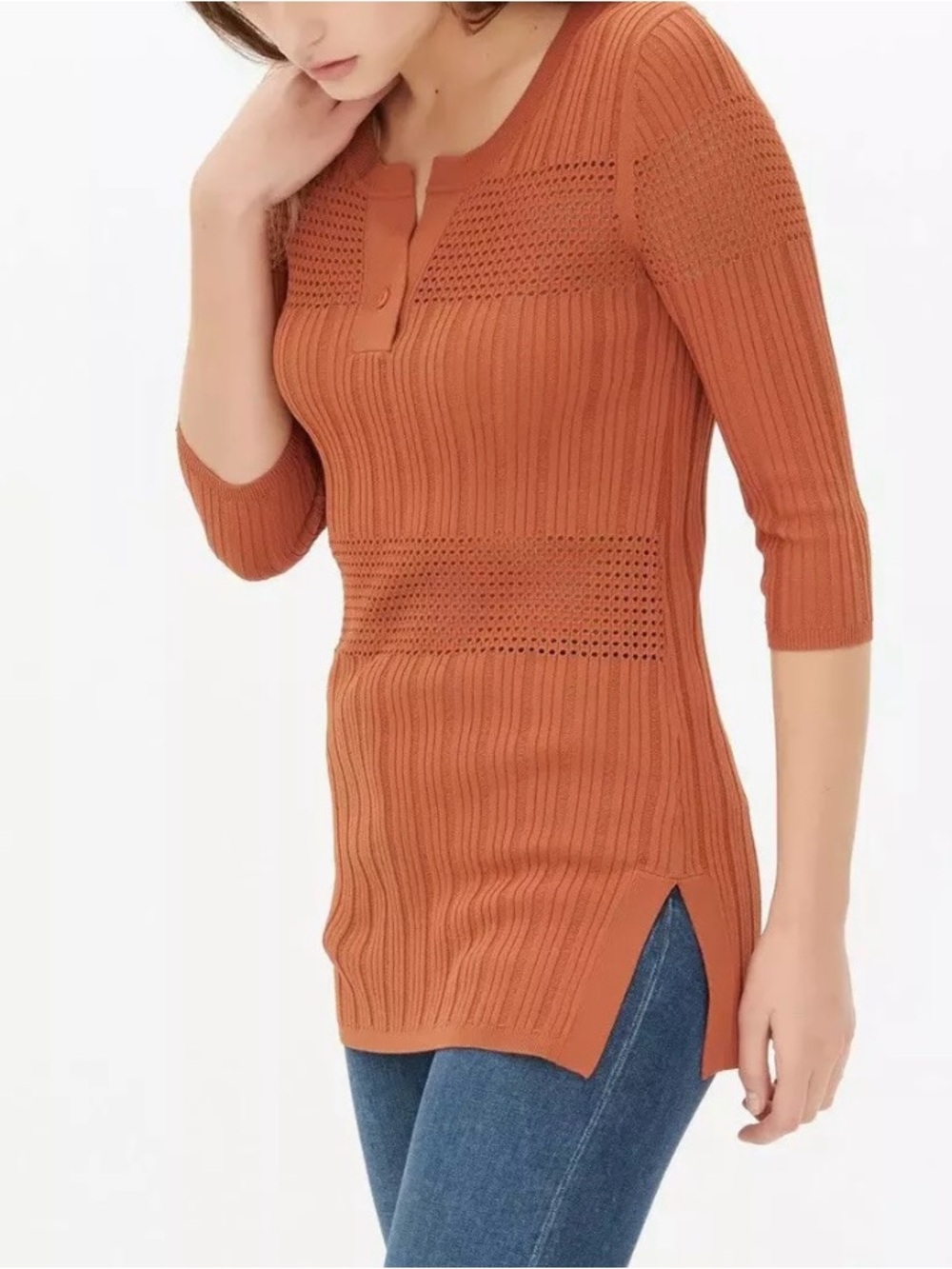 Sandro Paris Burnt Orange Ribbed V-Neck Knit Sweater 3/4 Sleeve Size 1 S